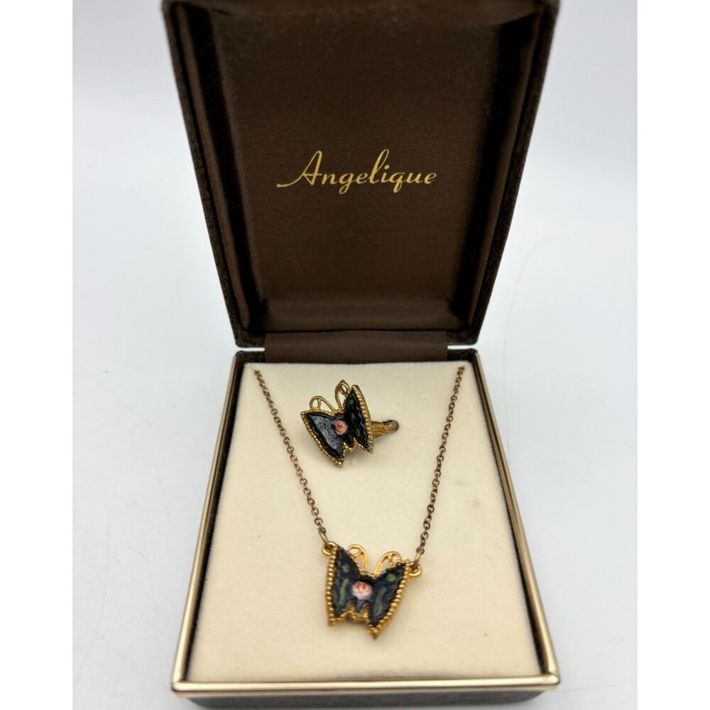 1970s Butterfly Enamel Necklace - Ring by Angelique-NOS MCM RARE Green